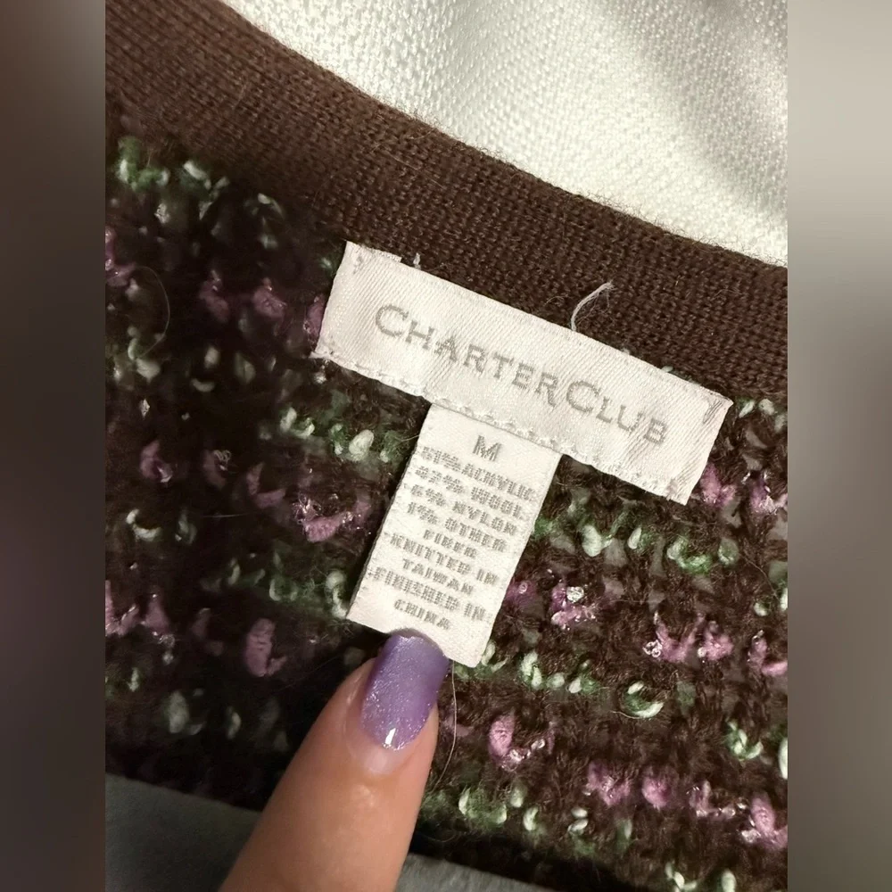 Charter Club Knit Brown Purple Green Textured Blazer Jacket Medium